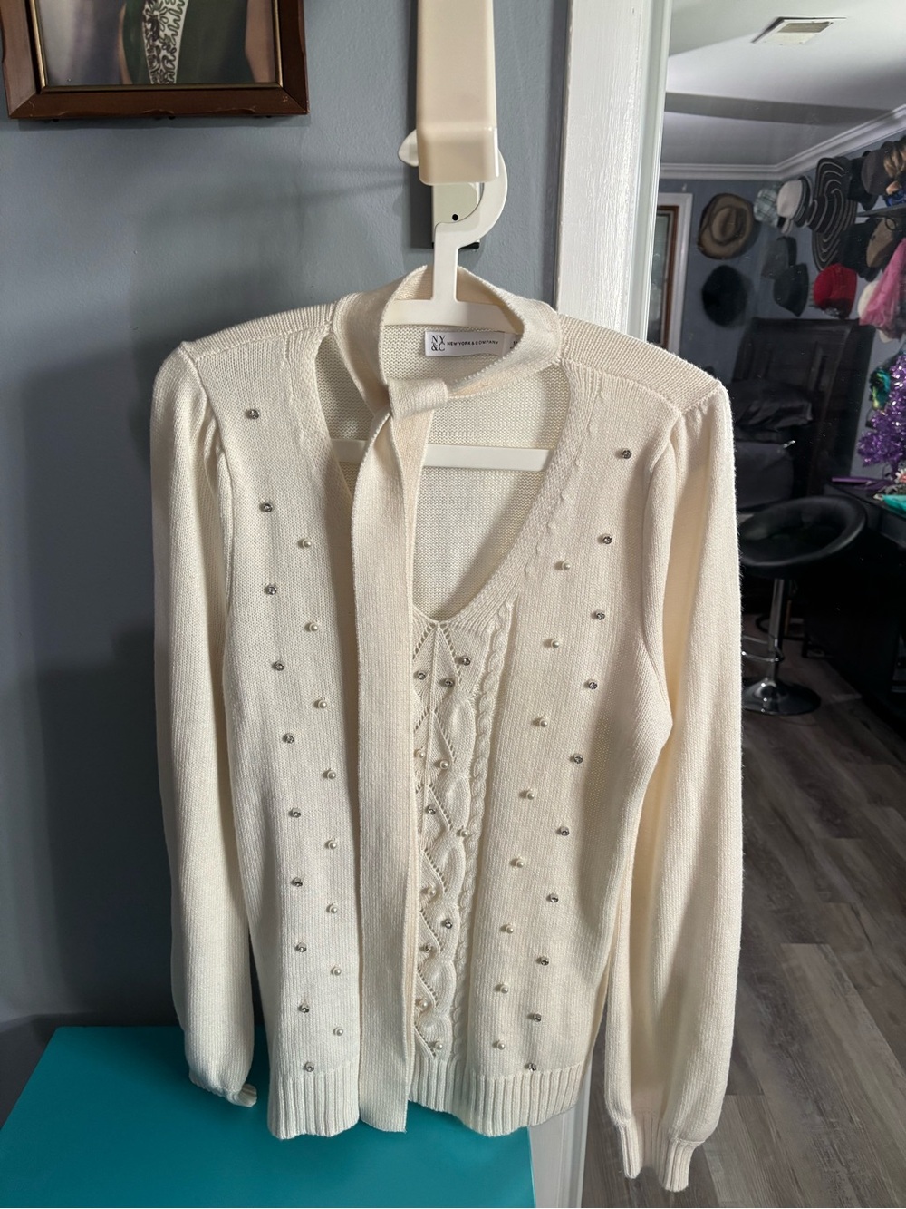 New York & Company Cream Embellished Scoop Neck Tie Sweater